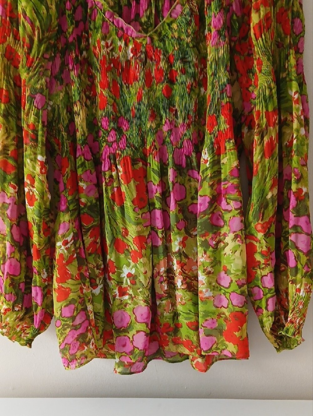 Sunny Leigh Bright Floral Smocked Peasant Blouse in Green, Pink & Red - Picture 3 of 5